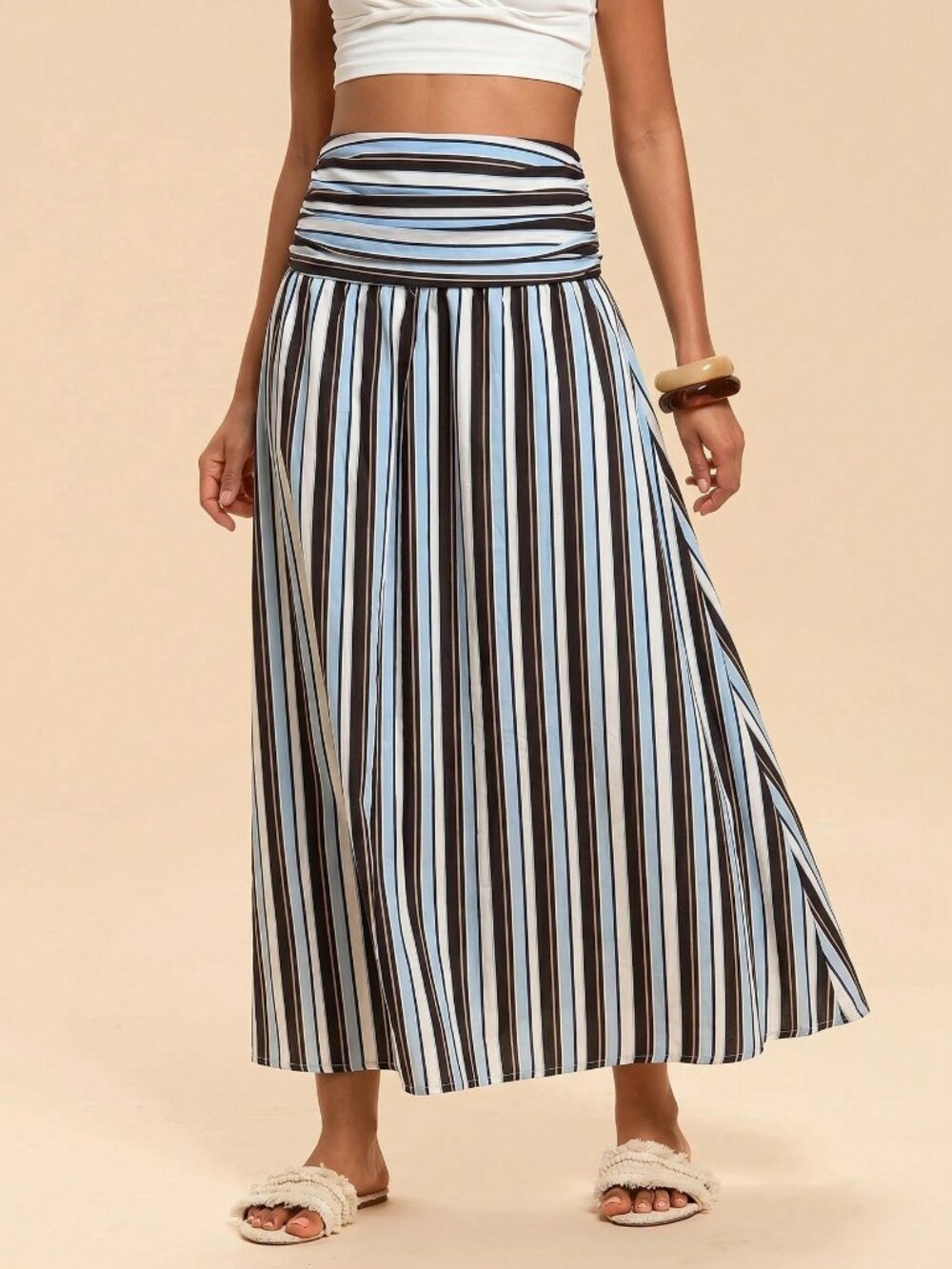 Multicolor Casual Women's Ruched Striped High Waist Midi Skirt - Picture 4 of 6